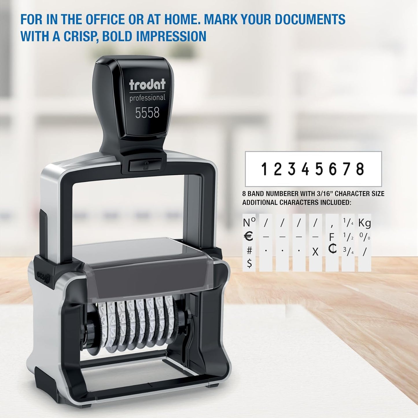 Trodat 5558 Professional Manual Numberer Stamp – 8 Digits, Self-Inking, 3/16" (5 mm) Characters, Black Ink