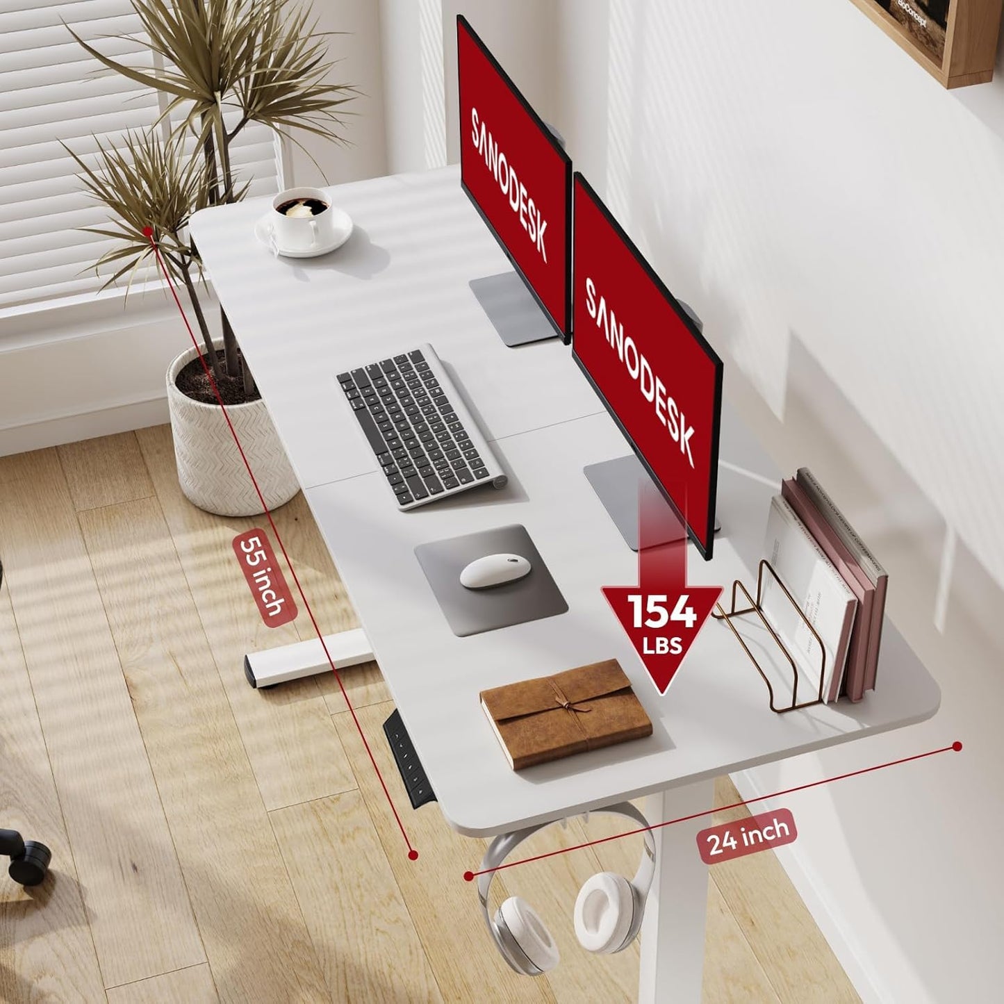 SANODESK Electric Standing Desk 55x24 Inch Height Adjustable Stand Up Desk Home Office Computer Workstation Sit Stand Home Office Desk with Splice Board (White Frame + White Top)