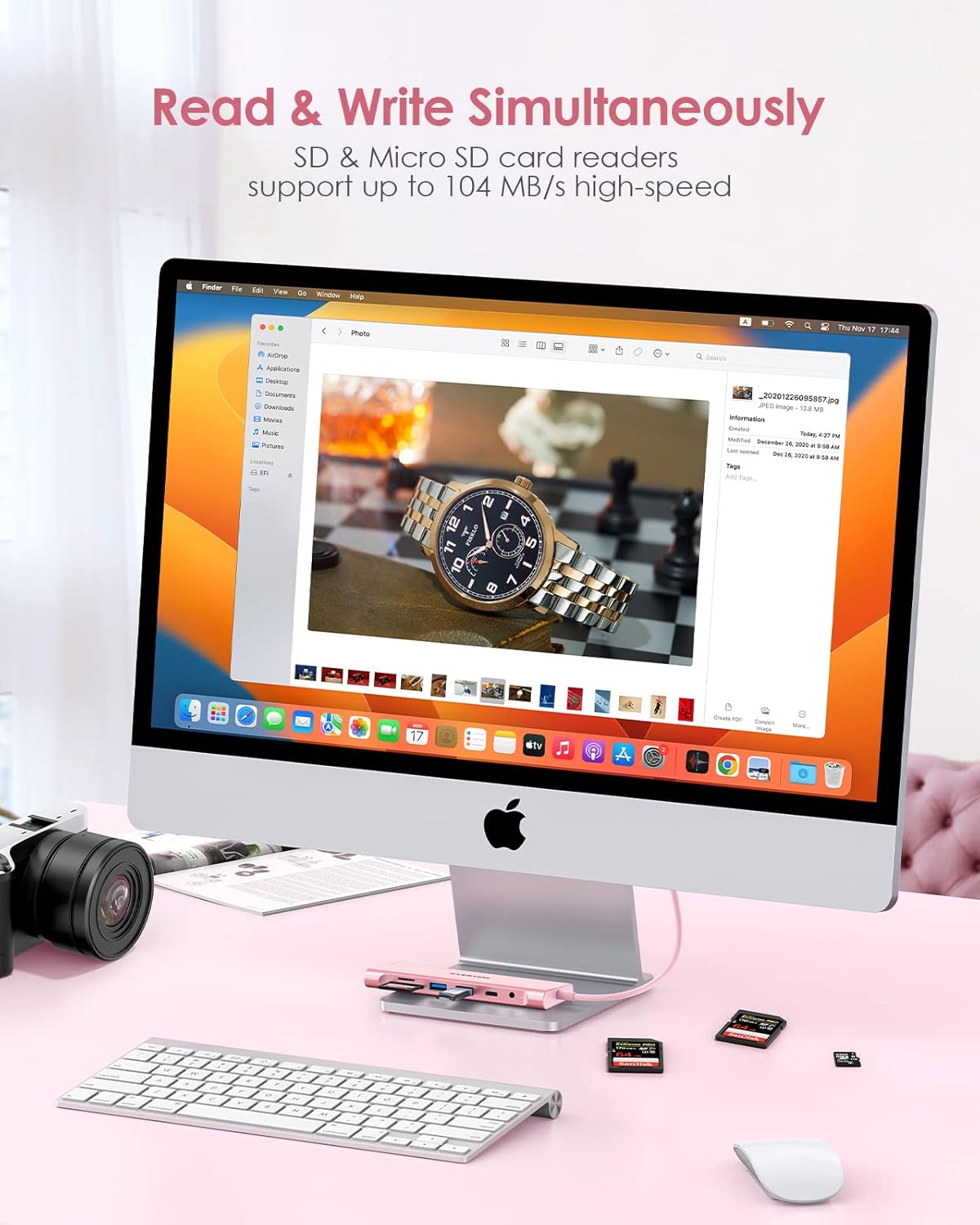 LENTION 3.3FT Long Cable USB C Hub with 4K HDMI, 2 USB 3.0, Card Reader, Aux, Type C Data/Charging Compatible 2023-2016 MacBook Pro, Mac Air/Surface, More, Stable Driver Adapter (CB-C37, Rose Gold)