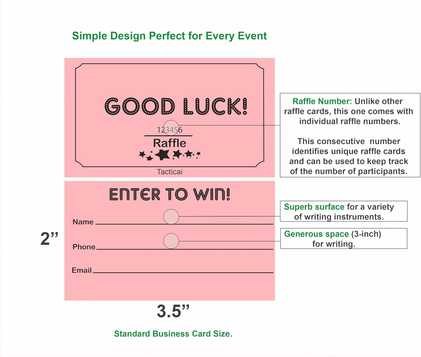 Tacticai 250 Raffle Tickets, Pink (1 of 8 Colors), Raffle Cards, Entry Form with Name, Phone & Email for Events, Fundraiser & Prizes