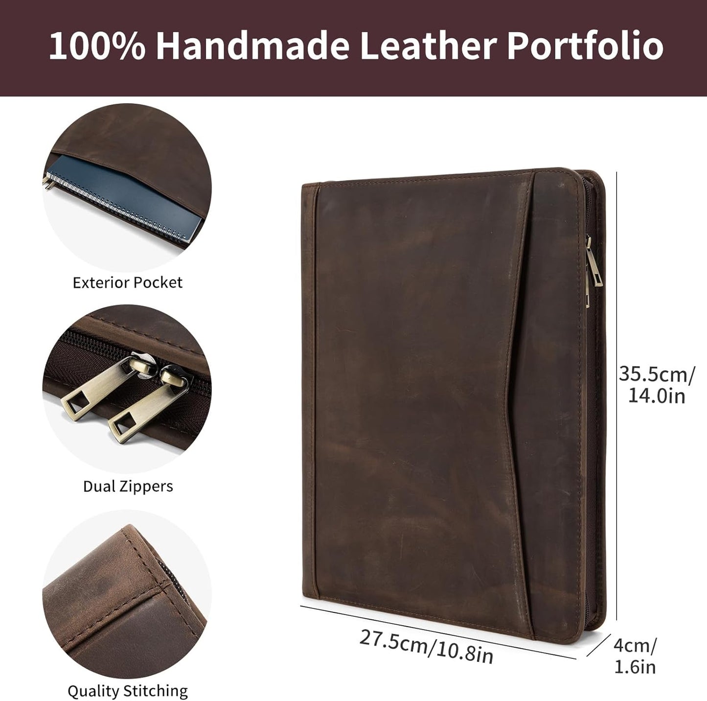 Personalized Genuine Leather Portfolio with Front Pocket for Men Women, Custom Engraved 8.5 x 11 Legal Pad Notepad Holder, Zippered Business Organizer, Professional Work Folder, Dark Khaki