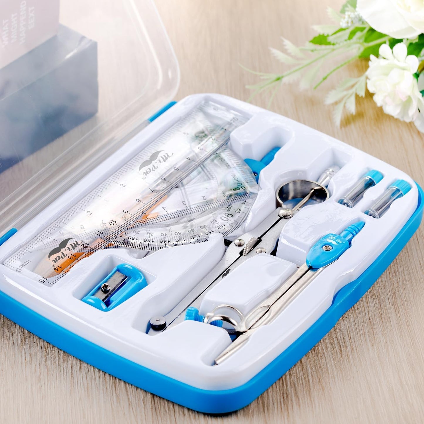 Mr. Pen 13 Piece Geometry Set with Shatterproof Storage Box, Blue