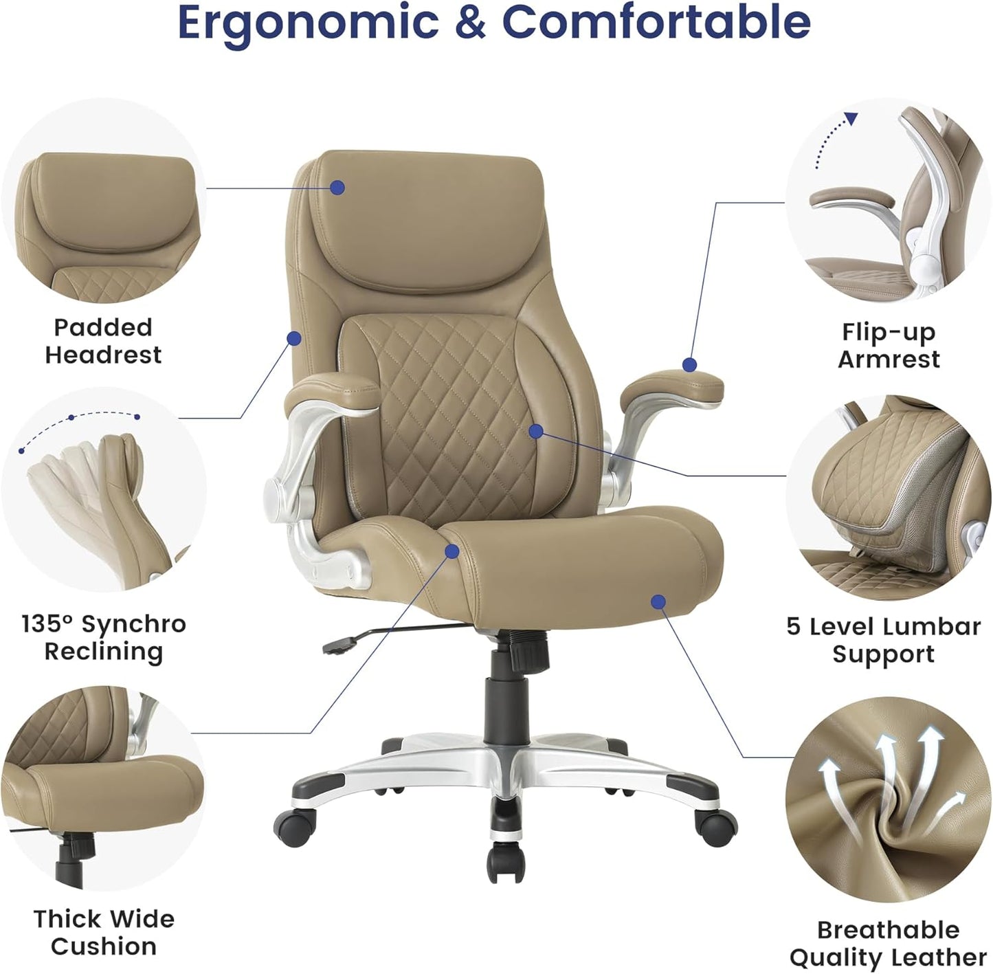 Nouhaus Ergonomic Office Chair Premium Microfiber Leather Adjustable Lumbar Support & Armrests, High Back Comfy Desk Gaming Chairs Executive Computer Swivel Chair Tilt Function(Posture,Taupe)