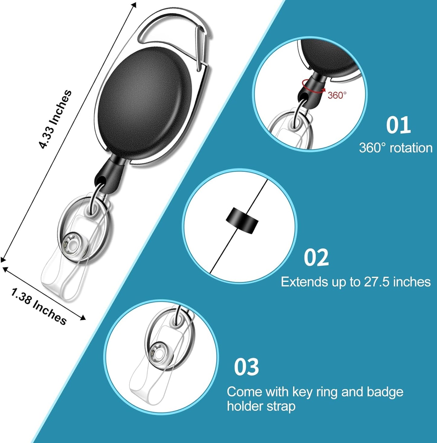 6 Pack Retractable ID Badge Holder Badge Reel with Carabiner and Belt Clip Badge Reels Retractable with Key Chain for Office Worker Doctor Nurse