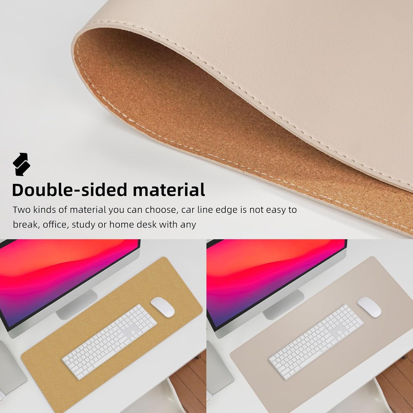 Leather Desk pad Protector, Large Desk mat with Natural Cork & PU Leather,Mouse pad,Non-Slip Office Desk Mat,Waterproof Desk Writing Pad for Office and Home (35in*17in,Beige)