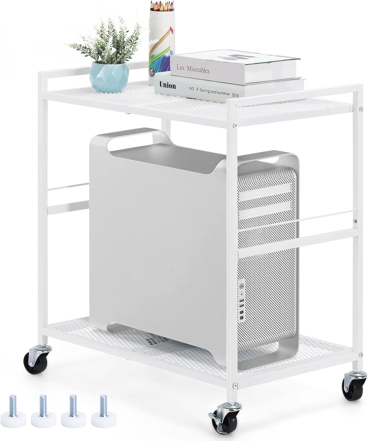 YBING Computer Tower Stand White PC Tower Stand 2 Tier CPU Holder with Wheels Metal Mobile Computer Tower Cart Rolling PC Cart Floor for Fax Home Office