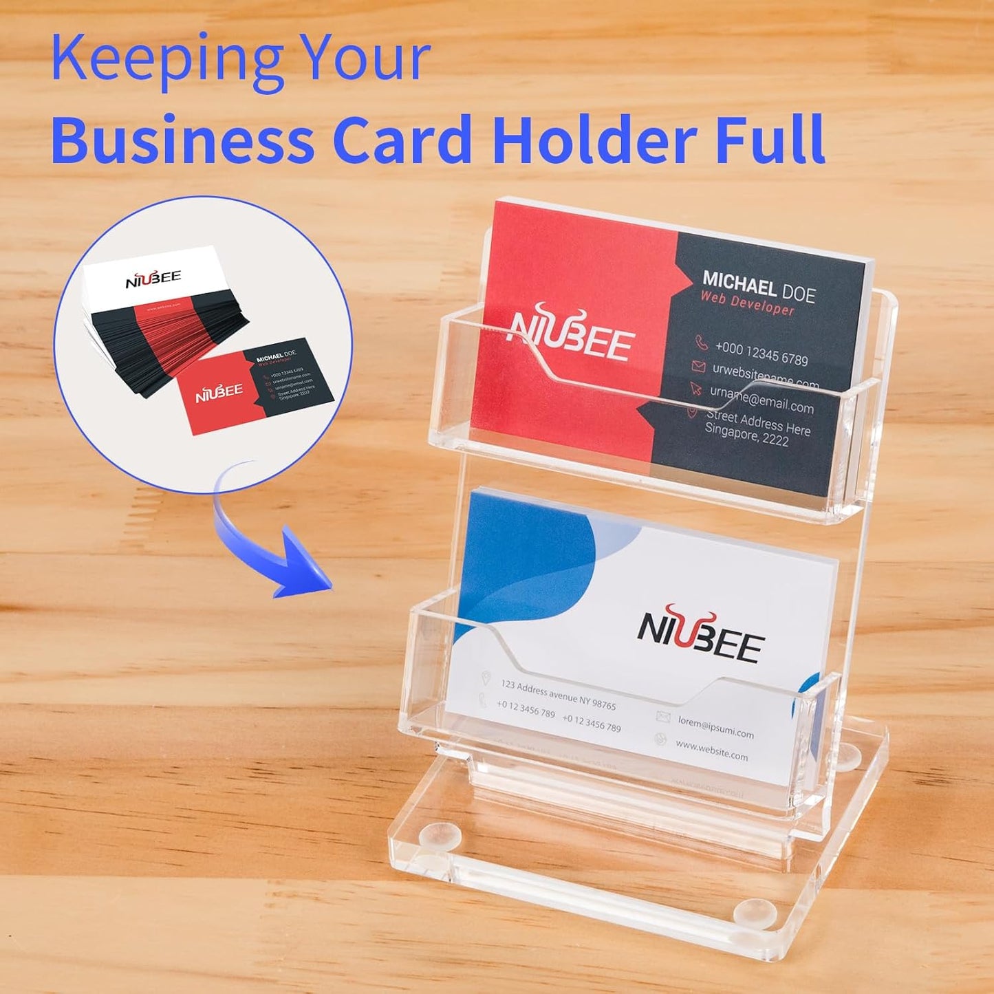 NIUBEE Acrylic Business Card Holder for Desk 2 Tier Clear Gift Card Display, Business Card Stand for Office Exhibition, 130 Cards Capacity, 2 Slots