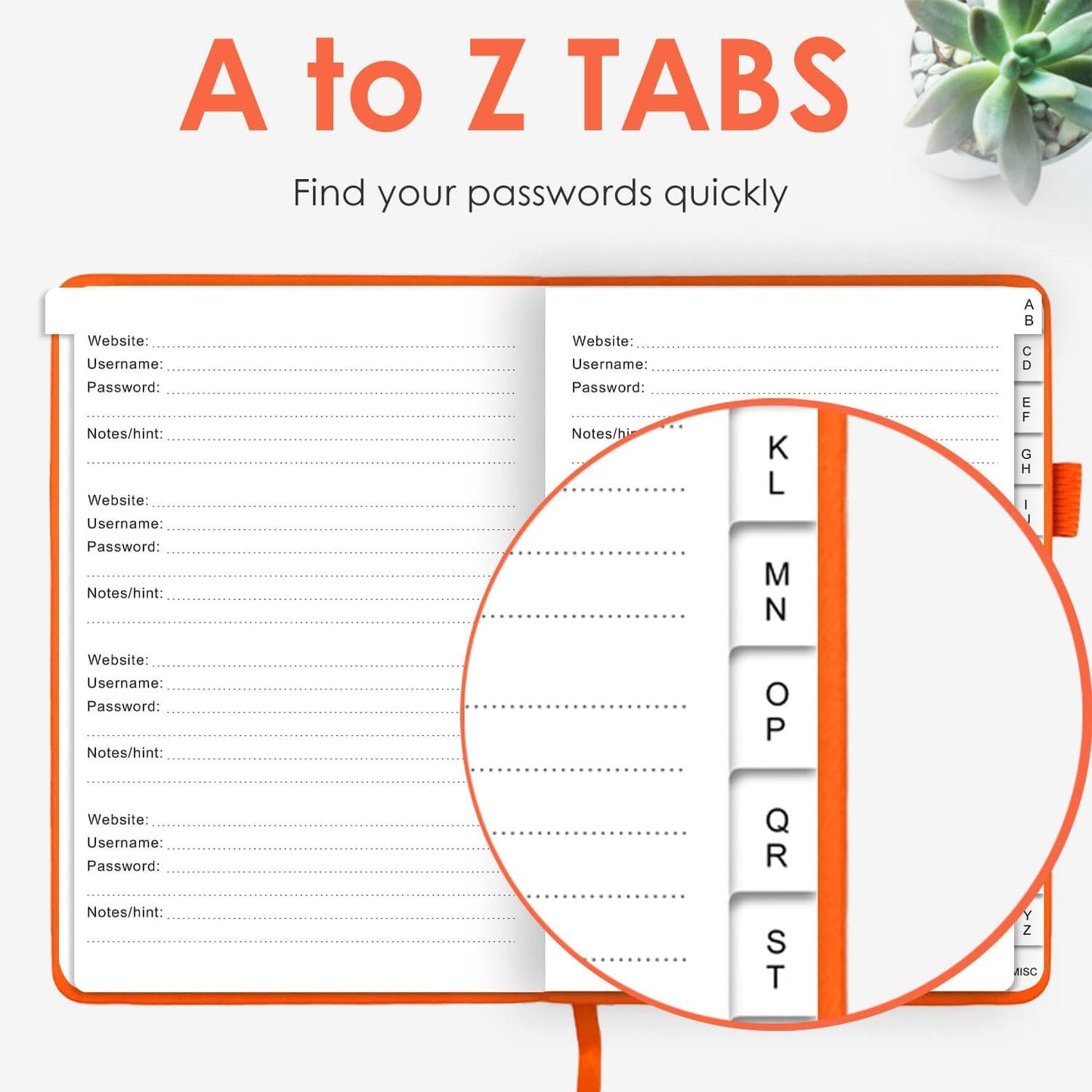 Elegant Password Book with Alphabetical Tabs - Hardcover Password Book for Internet Website Address Login - 7" x 10" Password Keeper and Organizer w/Notes Section & Back Pocket (Orange)