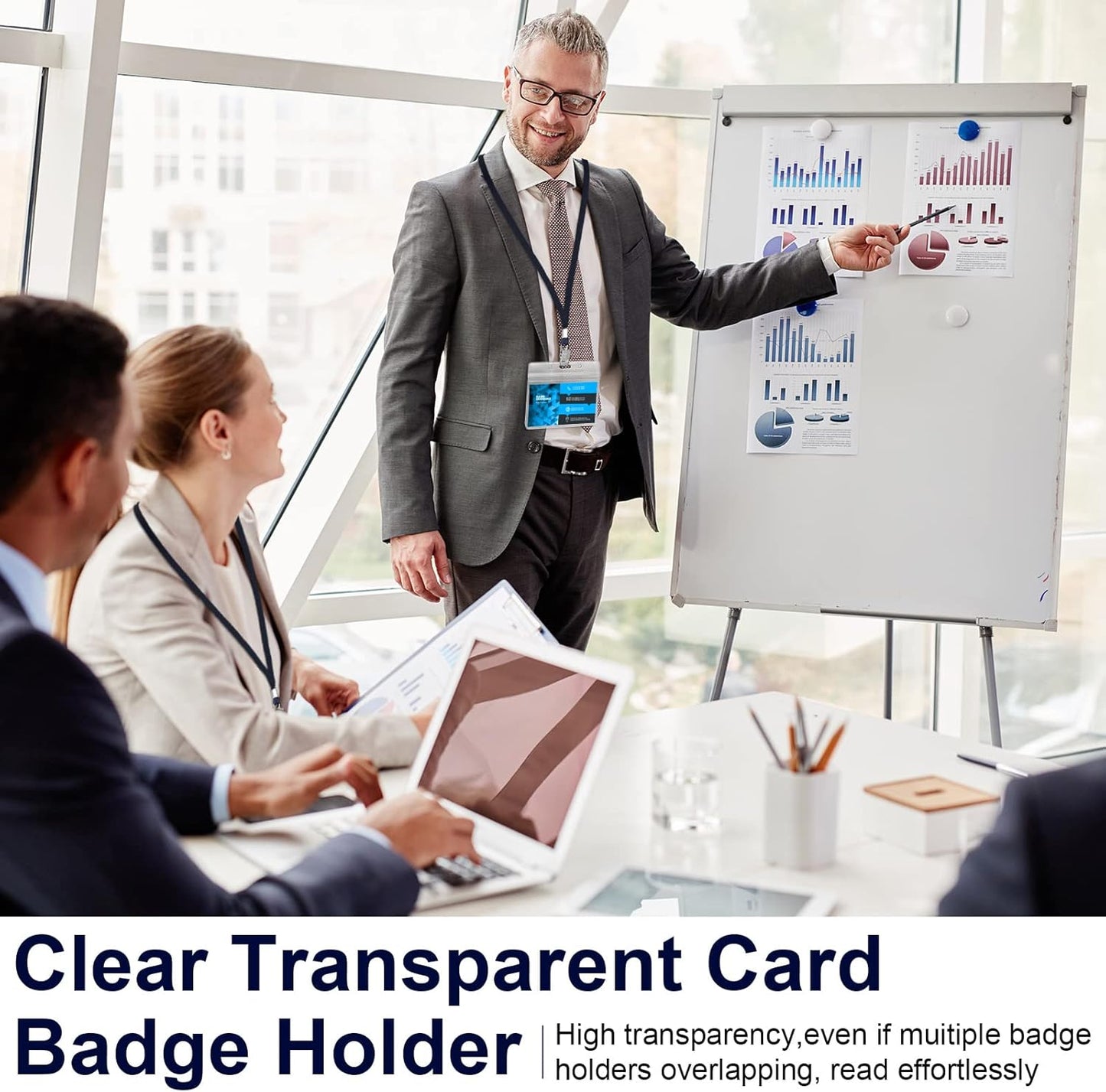 Marspark 50 Sets Clear Name Tags with Lanyard, Lanyards for ID Badges Reusable Strap with ID Holder Plastic Name Badges for Adults Business School Church Conference (Dark Blue)