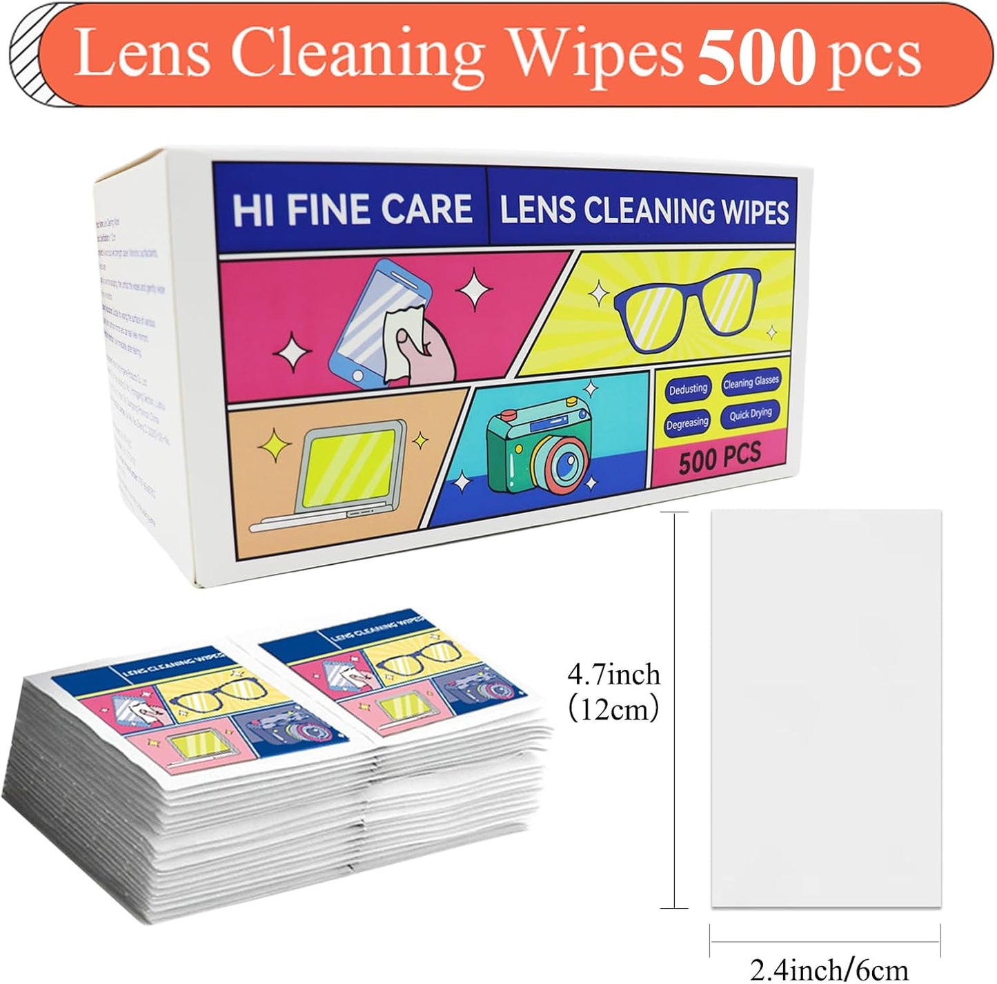 Pre-Moistened Lens Cleaning Wipes,500 Pcs Cleaning Wipes for Glasses, Computer & Laptops Screens, Smart Phones, Optical Lens, Goggles, and Watch Screen l Quick-Dry and Scratch-Free
