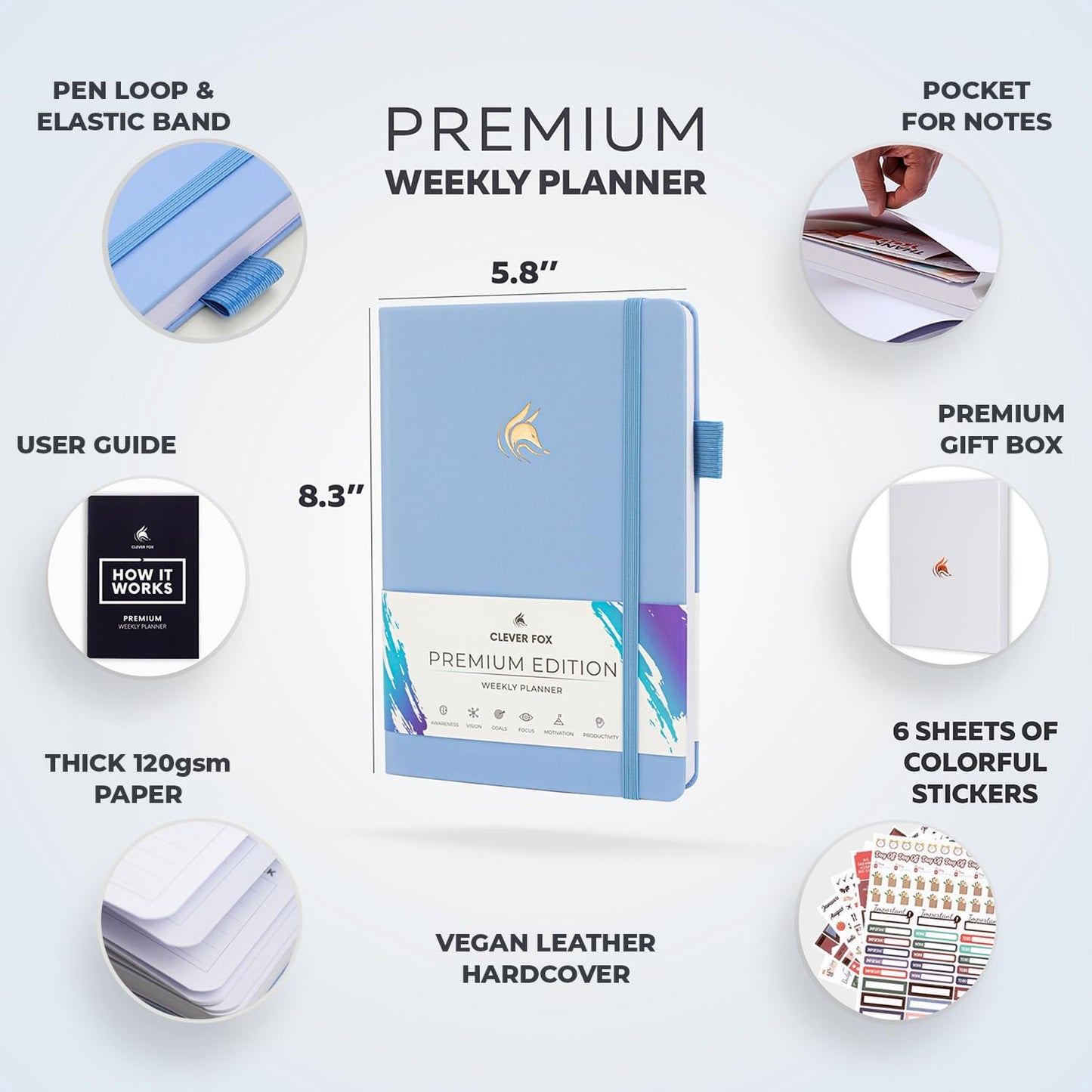 Clever Fox Planner Premium Edition – Undated Luxurious Weekly & Monthly Planner to Increase Productivity and Hit Your Goals – Organizer – Start Anytime, A5, Lasts 1 Year, Light Blue (Weekly)