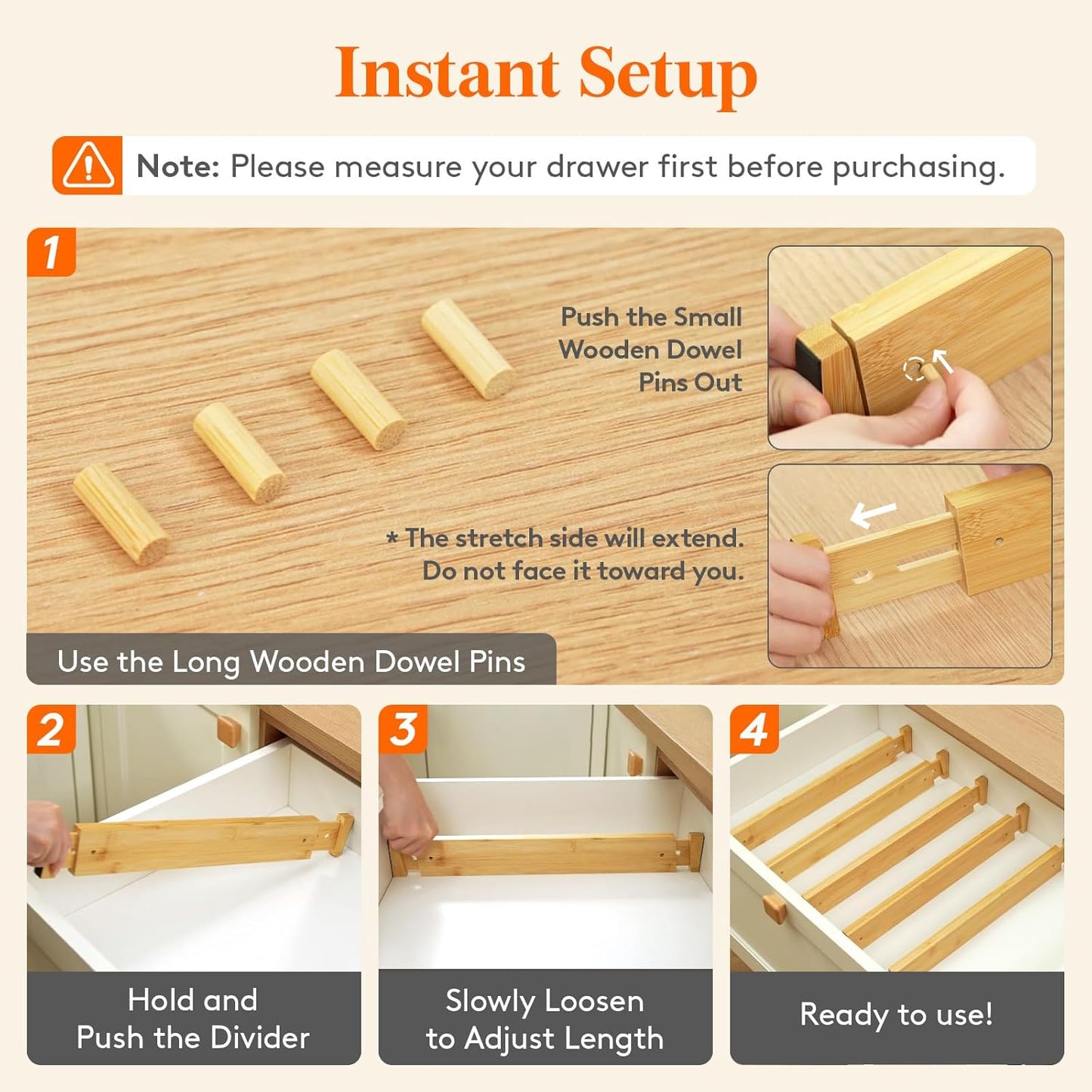 Lifewit 4 Pack Drawer Dividers Bamboo 2.4" High, 16-22" Adjustable Drawer Organizers for Clothes, Wooden Dresser Separators in Bedroom/Bathroom/Kitchen/Fridge/Office Organization and Storage