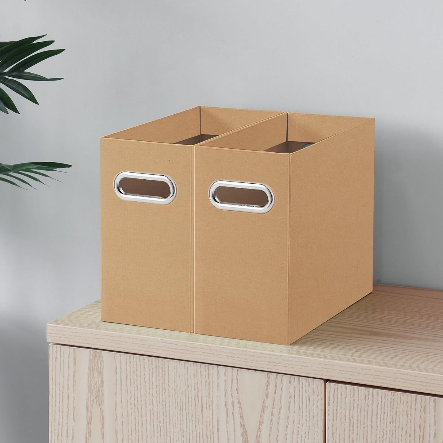 Oterri File Organizer, 4 Packs Small Storage Box, Cardboard File Folder Organizer, Collapsible File Box for Hanging File Folders Letter Size, Portable Filing Organizer with Handle (Brown)