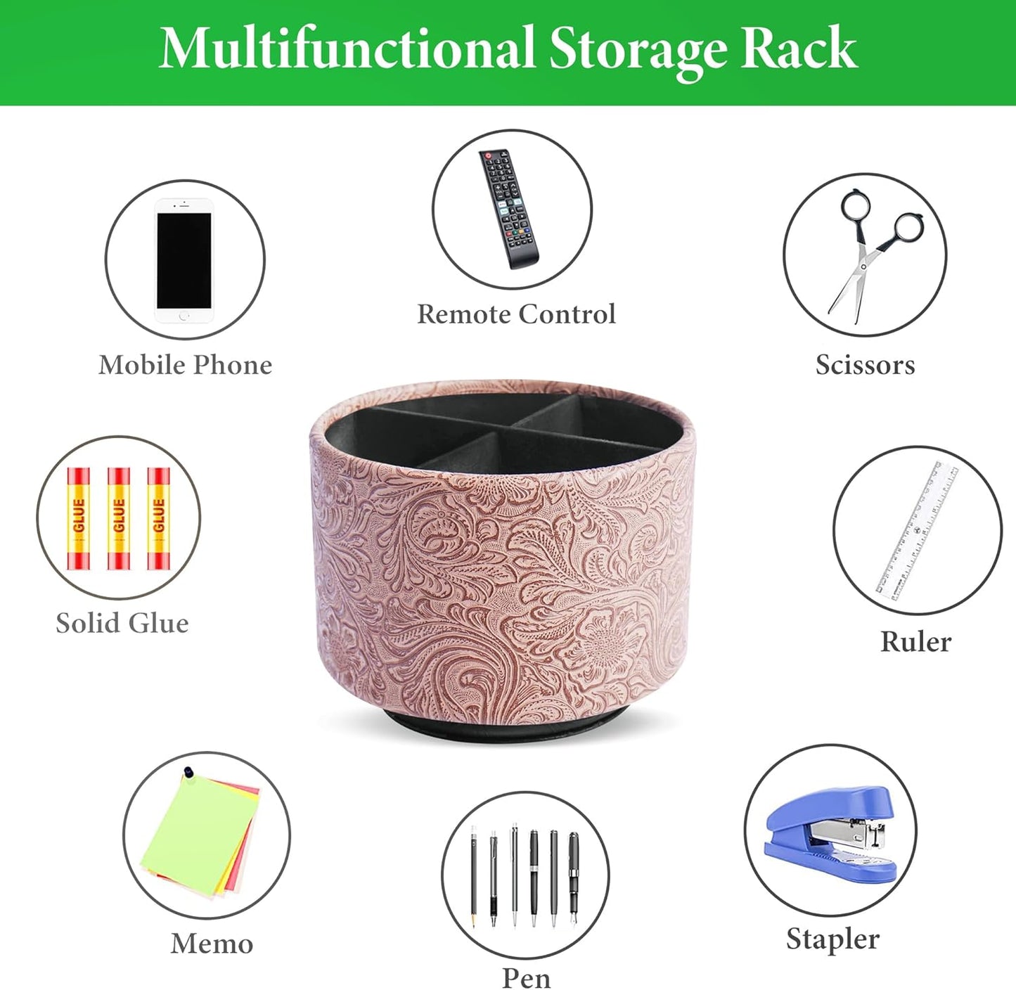 lizimandu Round Leather Art Supply Organizer,Remote Control Holder,360 Degree Spinning,Multi-Functional Pencil Holder,4 Compartments Desktop Stationary Organizer(1-Carved Wood Beige)