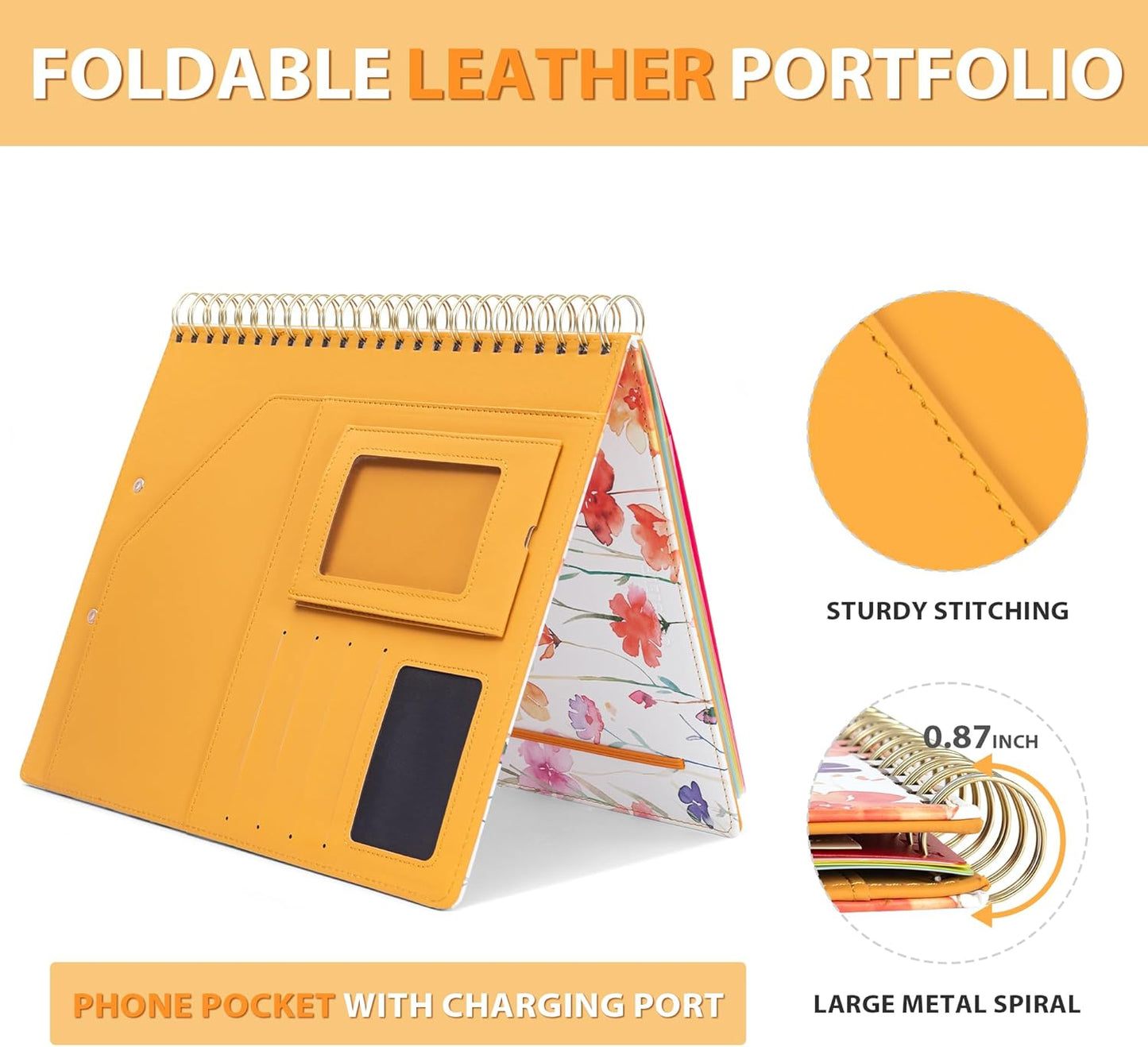 Clipboard with Storage for Men Women, Leather Padfolio Portfolio Organizer 5 Folders with 10 Pockets, Spiral Clipboard Folio with Notepad for Letter Size, Elastic Closure and Pen Loop Flowers