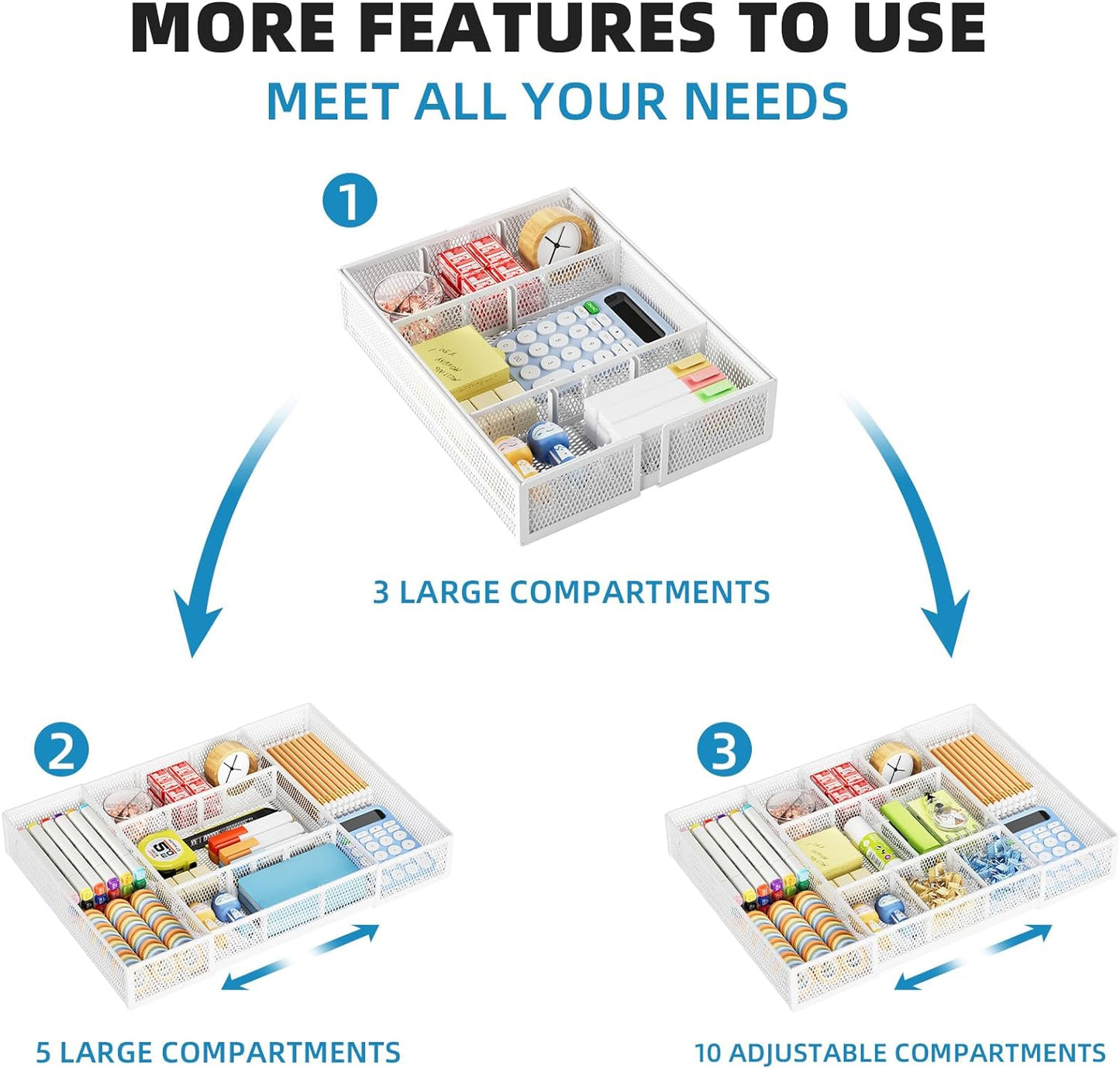 Marbrasse Expandable Desk Drawer Organizer, Mesh Drawer Organizer Tray with 10 Adjustable Compartments, Desk Organizers and Accessories for Office Supplies, Makeup & Vanity (Expandable White-2 pack)
