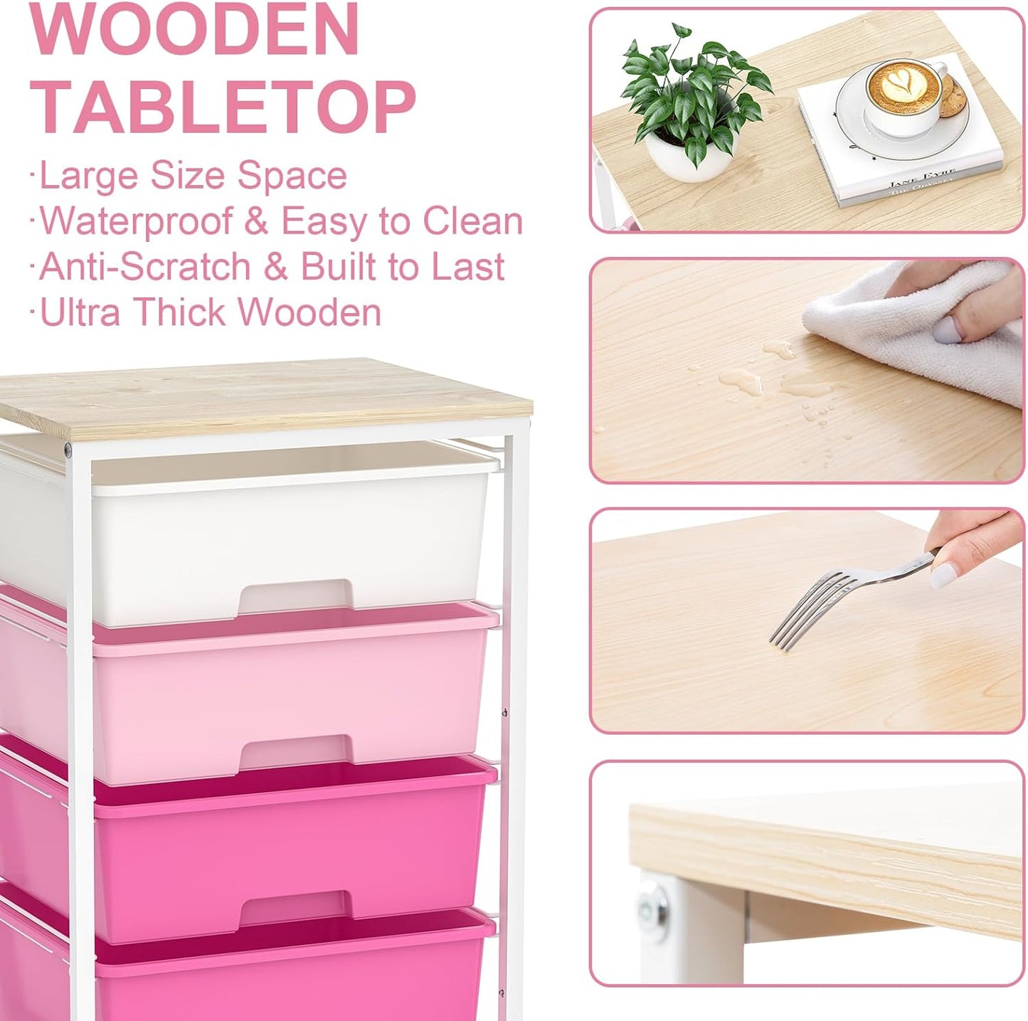 Utility-Rolling-Craft-Storage-Cart-Organizer with 4 Drawers and Wooden Tabletop, 4 Tier Drawer Cart for Home Office, Kid Room, Classroom Teacher, Dorm, Pink