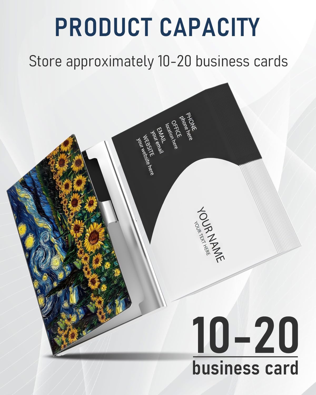 Business Card Metal Slim Organizer, Professional Stainless Steel Square Pocket Wallet for Office Workers, Compact and Portable for Pockets (Starry Sunflowers A)