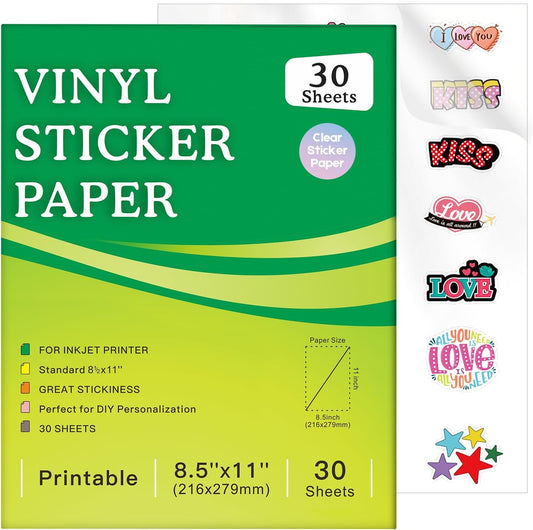 30 Sheets Printable Clear Sticker Paper for Inkjet Printer, Premium Vinyl Transparent Sticker Paper Waterproof, Dries Quickly, Vivid Colors, Tear Resistant, 8.5x11" Labels Great for Cutting Machines
