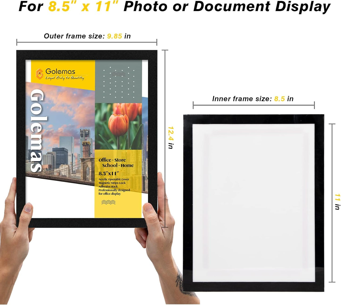 Acrylic Magnetic Sign Holder, Easy-Opening 8.5 x 11 Wall Mount Display Frames, Self Adhesive Back Plastic Clear Document Frame, Horizontal & Vertical Display (Black, 3Pack)