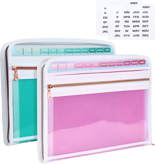 MEGREZ Expanding File Folder with 13 Pockets, 2 Pack A4 Paper File Folder with Zipper Color Labels, Waterproof Accordion File Folder Organizer for Home Office, Green & Pink