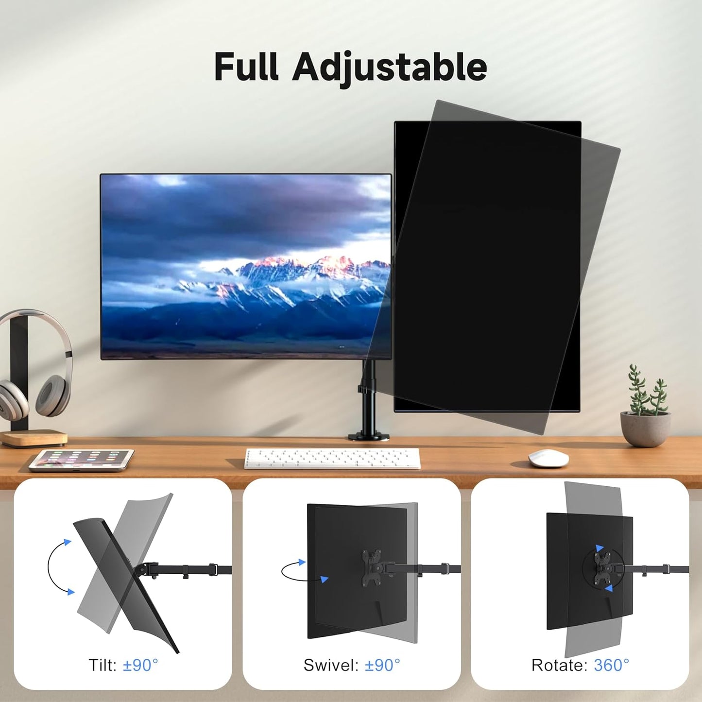 Pholiten Dual Monitor Stand, Heavy Duty Adjustable Monitor Arm Desk Mount for 2 Screens up to 32 Inches, Tilt, Swivel, Rotate, Supports Tilt, Swivel, Rotate, Supports 22 lbs per Monitor Arm