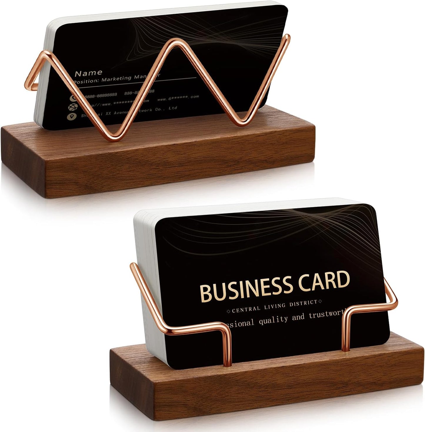 Amyhill 2 Pieces Wood Business Card Holder for Desk Wooden Business Card Display Stand Postcard Holder for Office Home Desktop (Wood Color, Rose Gold)
