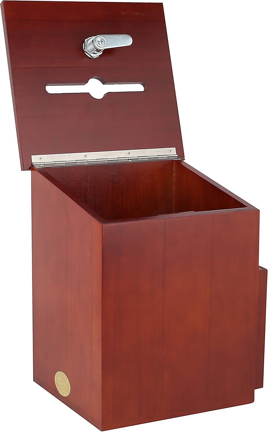 Wood Charity Donation collection Box Office suggestion Ballot Box With wide slot for envelopes and suggestion comment forms, side Pocket and Locking Hinged Lid & Pen for Table Or Counter-top(Mahogany)