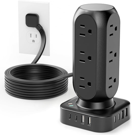Tower Surge Protector Power Strip,12 AC Outlets & 8 USB Ports, Flat Plug 5FT Extension Cord with Multiple Outlets, 24W Outlet Extender Overload Protection for Home Office Room