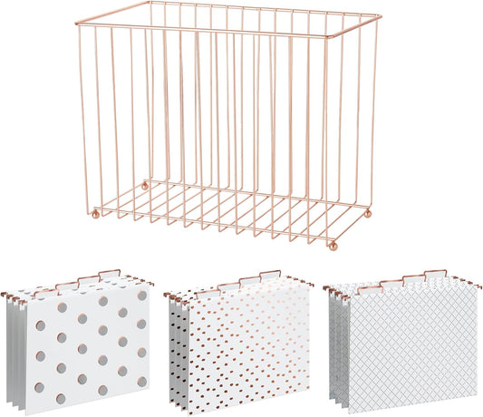 Y YOMA 1 Pack Rose Gold Desktop Hanging File Organizer | 12 Pack Rose Gold Hanging File Folders with Tabs & Insert | Letter Size Metal File Kit for Desk Home Office, I Shaped