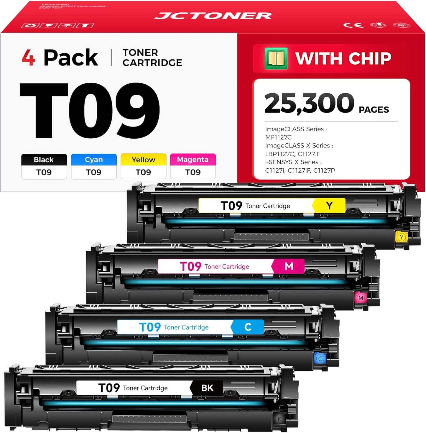T09 Toner Cartridge Set 4-Pack with chip High Yield Replacement for Canon T09 T09L 3020C005AA 3019C005AA 3018C005AA 3017C005AA for Color imageCLASS MF1127C X LBP1127C C1127i C1127iF C1127P Printer Ink