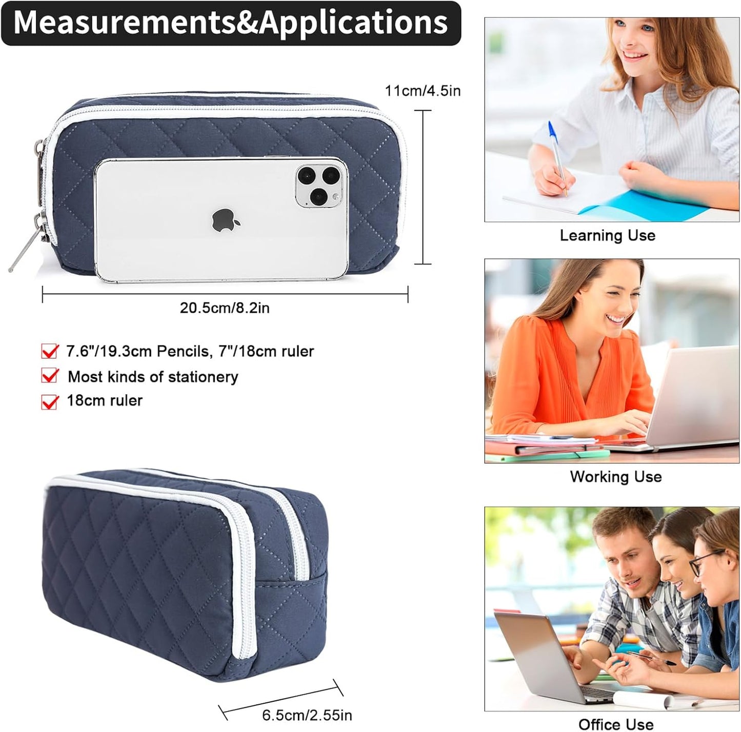 Della Gao Small Pencil Case Large Capacity Pencil Pouch Marker Pen Bag Coin Pouch Office Stationery Organizer (DarkBlue-02RH)