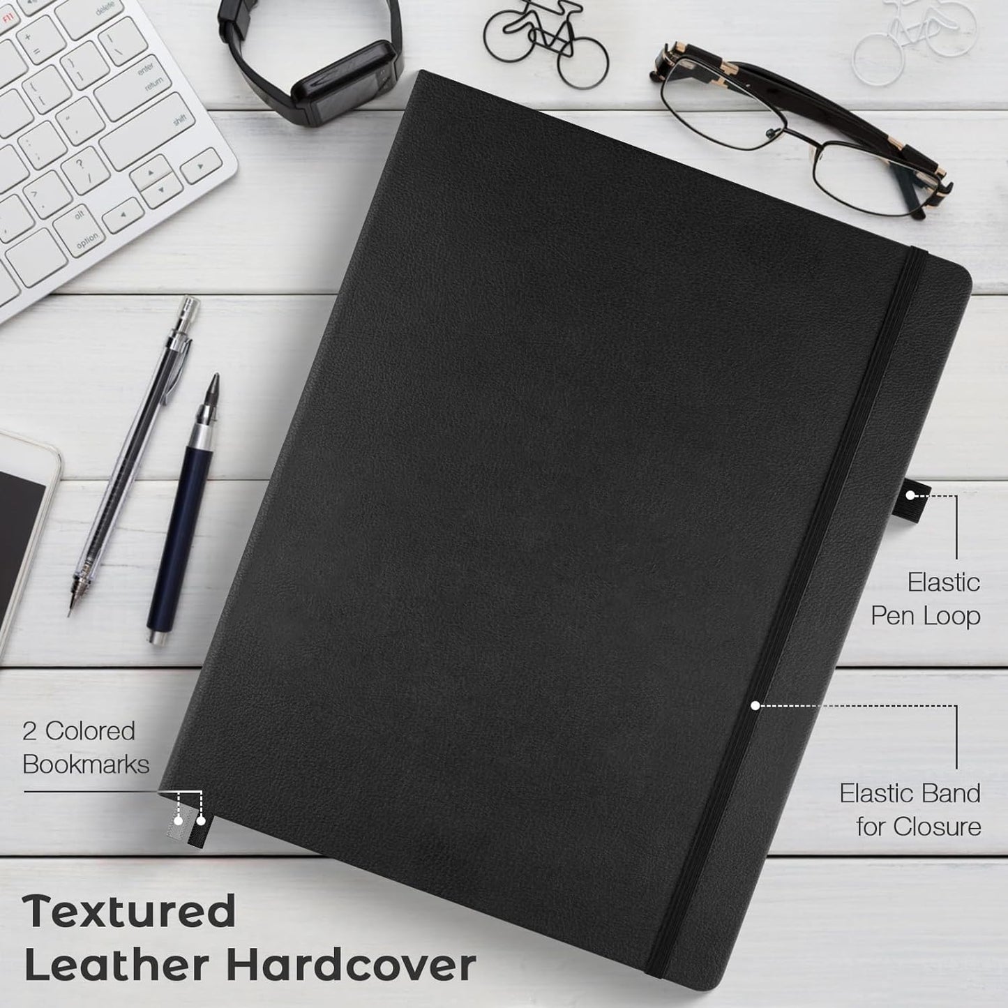 College Ruled Notebook, A4 Hardcover Leather Notebook for Work, Lined Notebook Journal for Women, Men, 192 Thick Paper, Lay Flat, Large Notebook with 2 Pockets, Professional Business Notebook, Black