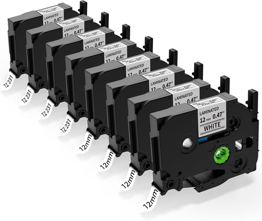 Label Maker Tape Replace for Brother P Touch Label Tape TZe-231 12mm 0.47 Laminated White TZe TZ 231 Refills Replacement for Brother Label Maker PTouch PTH-110 111 D220 D210 D410,8 pk
