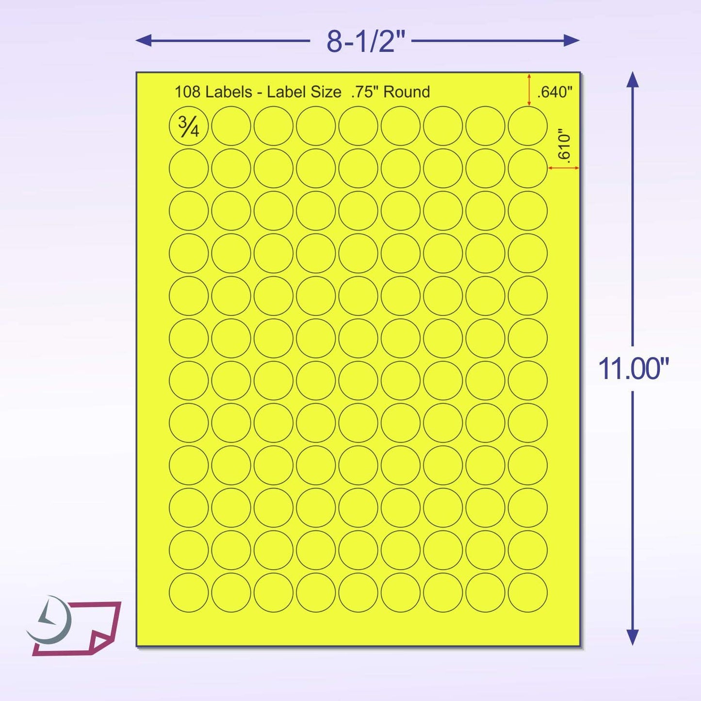 8-1/2 x 11" Neon Color High Light Fluorescent Labels for Laser & Inkjet Printer (Yellow Fluorescent, 3/4" Round - 108 Per Page | 2700 Labels)