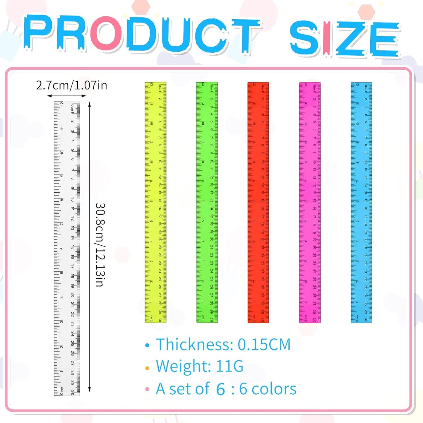 Zonon 6 Pcs 12 Inch Ruler Bulk Plastic Flexible Straight Metric Rulers with Centimeters and Inches Drafting Measuring Tool for Classroom School Students Education(Colorful)