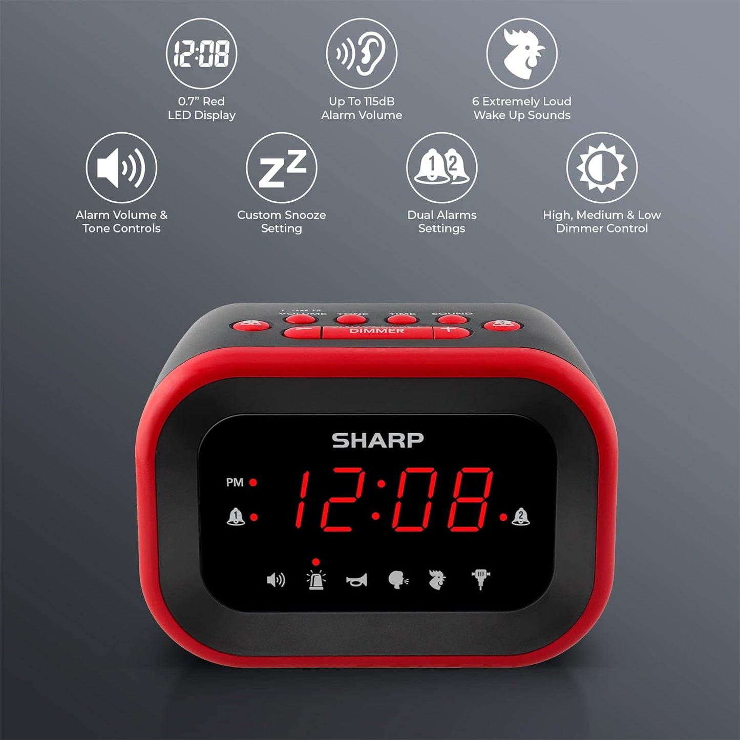 Sharp Big Bang Super Loud Alarm Clock for Heavy Sleepers, 6 Extremely Loud Wake Up Sounds: Rooster, Bugle, Nagging Mom, Jackhammer, Siren, Beep – Up to 115db Volume, Red/Black with Red LED Display
