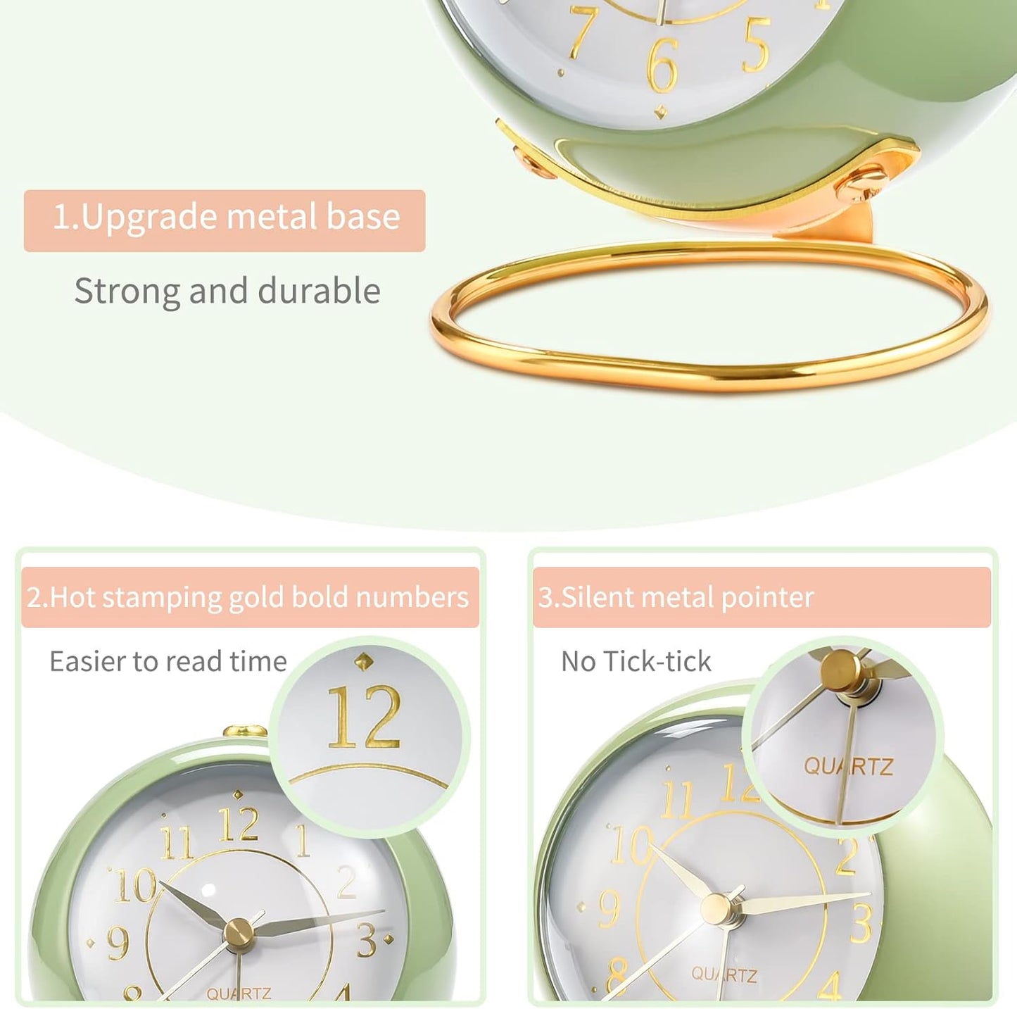 Analog Alarm Clocks,Retro Backlight Cute Simple Design Small Desk Clock with Night Light,Silent Non-Ticking,Battery Powered,for Kids,Bedroom,Travel,Kitchen,Bedside Desktop. (Black)