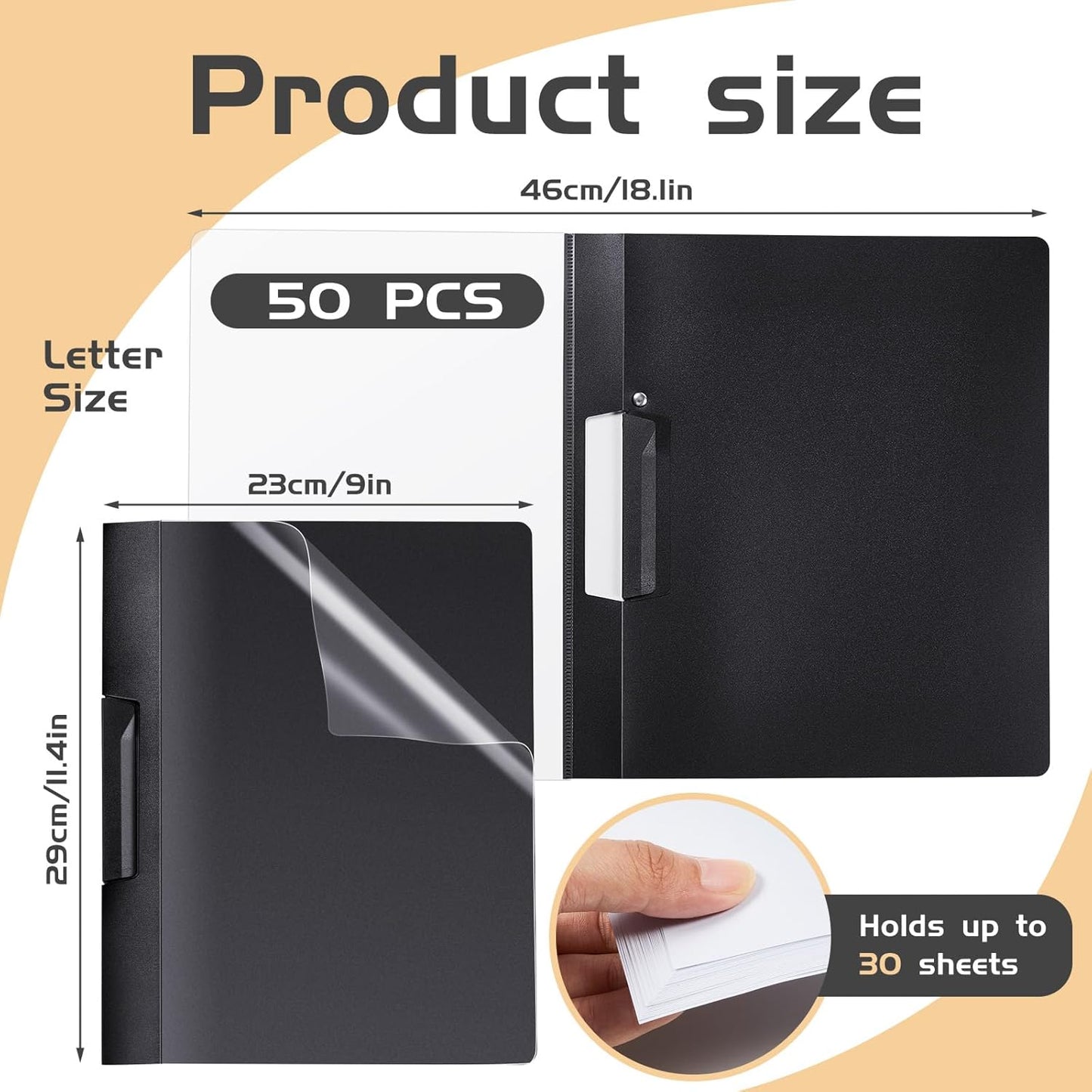 Maitys 50 Pack Clear Report Covers with Clip 11.4 x 9 Inch Presentation Folders Transparent Front Portfolio Folders for Letter Size(Black)