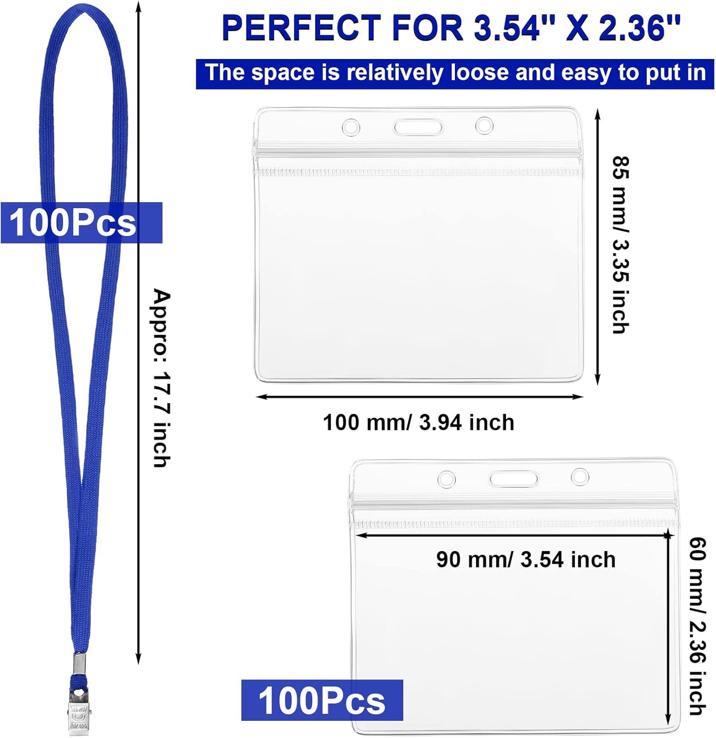 Marspark 100 Sets Clear Name Tags with Lanyard, Lanyards for ID Badges Reusable Strap with ID Holder Plastic Name Badges for Adults Business School Church Conference (Blue)