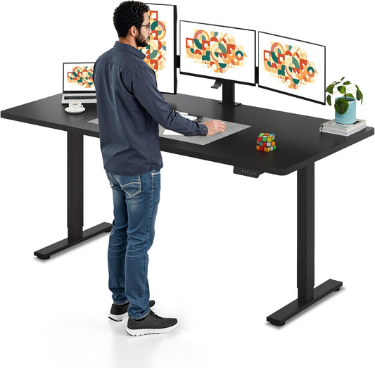 SANODESK Electric Standing Desk 71 x 32 Inches Height Adjustable Stand Up w/6-Button Controller Ergonomic Computer Desk with Splice Board for Home Office, Black Frame + Black Tabletop