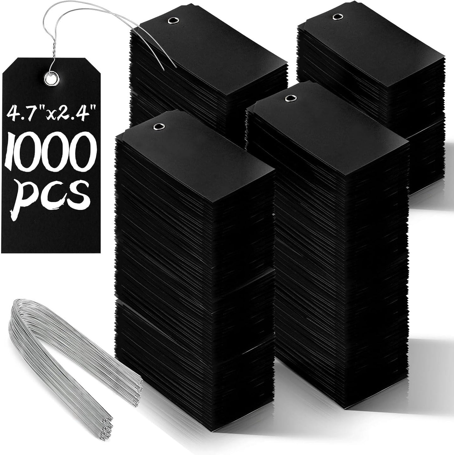 1000 Pieces Plastic Shipping Tags with Wire Labeling Tags Waterproof Hang Tags with Reinforcement Hole Writable Luggage tag Loops for Equipment Inventory Parts Garage (Black, 4 3/4" x 2 3/8")