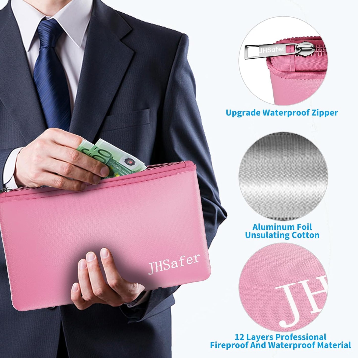 6400℉ Fireproof and Waterproof Money Bags 2pcs with Zipper,11''x6.3'' Fireproof Cash Bag with Zipper,Fireproof Wallet Envelope Safe Pouch Fireproof Bags for Cash Passports Keys Jewellery (Pink)