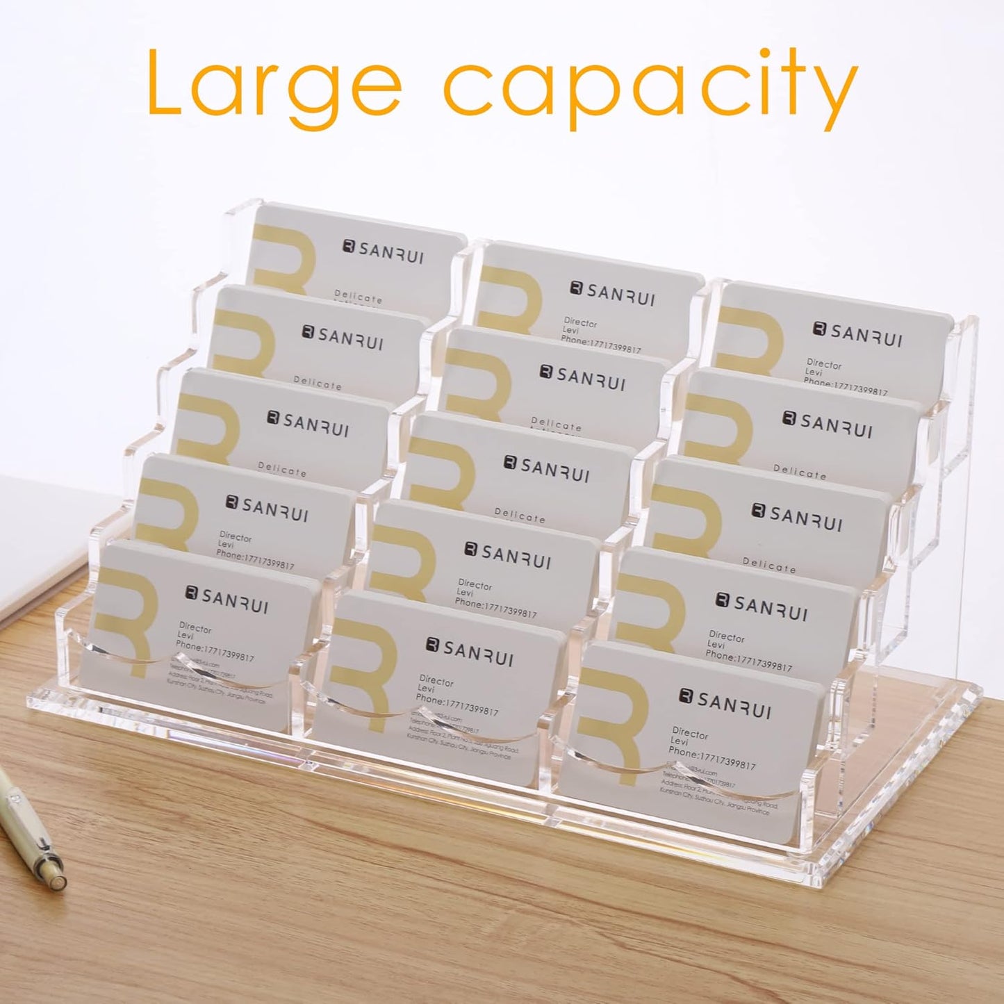 SANRUI Acrylic Multiple Business Card Holder Display for Desk , 15 Slots Business Card Stand , Clear Horizontal 5 Tier Business Card Holders, Holds 750-900 Cards