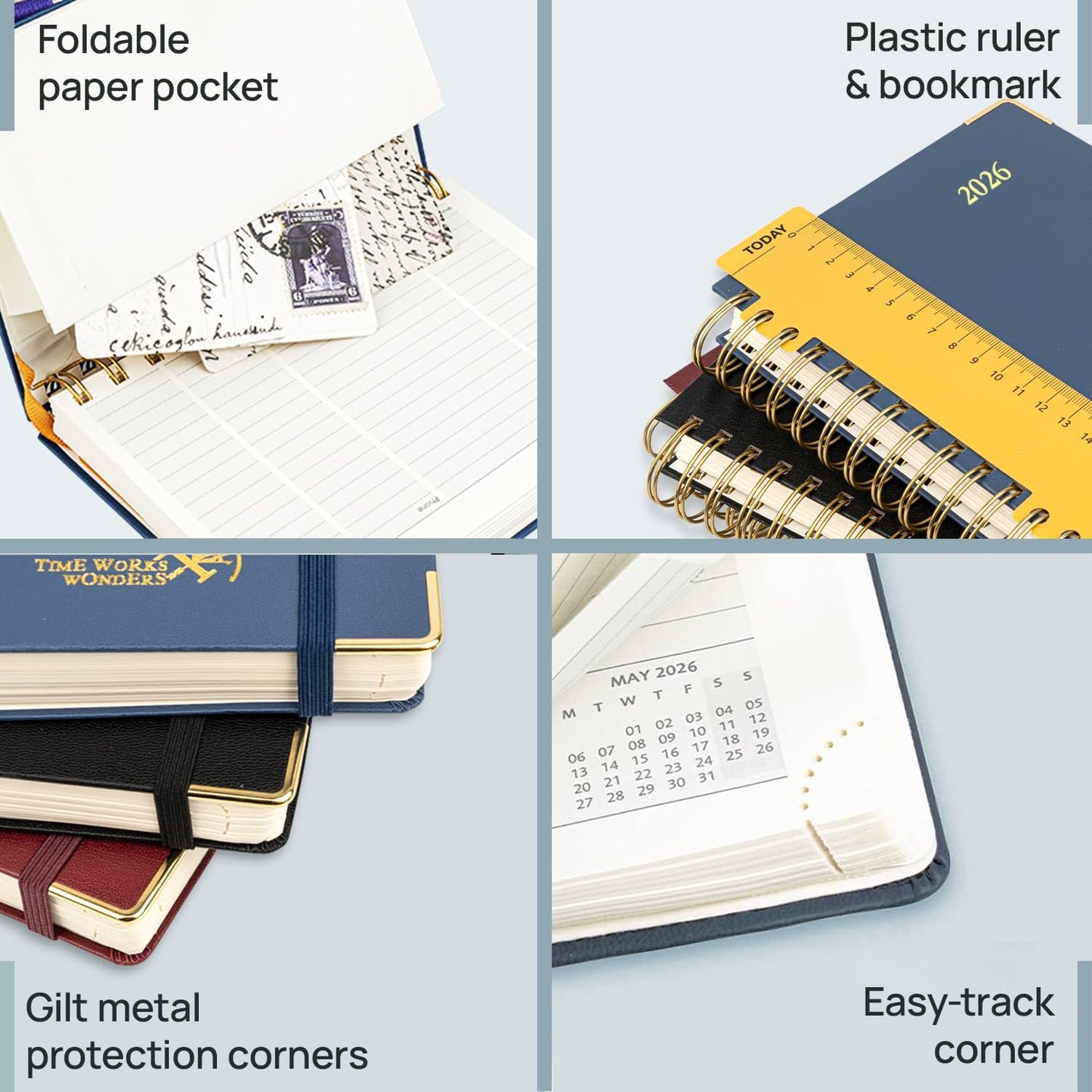 POPRUN 2026 Planner (Medium Size 8.5'' x 6.25'' Wire-Bound Hard Cover) Daily Weekly and Monthly Calendar - Agenda 2026 (Jan.2026-Dec.2026) with Hourly Schedule, Monthly Tabs - Pacific Green