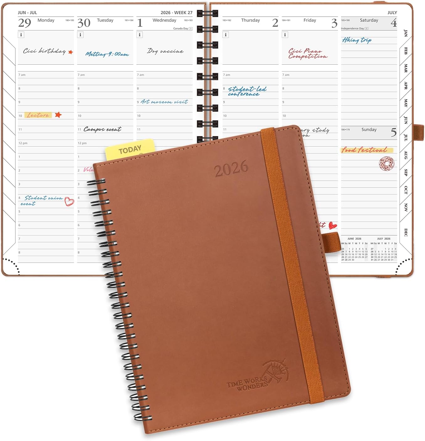 POPRUN 2026 Planner (Medium - 6.5'' x 8.5'') with Hourly Schedule, Vertical Layout - 2026 Weekly Calendar (Jan. 2026 - Dec.2026) for Time Management, Monthly Tabs, Spiral Bound, Soft Cover - Brown