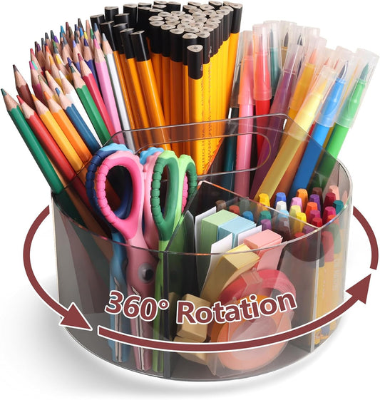 Absonic Acrylic Pen Holder Crayon Organizer for Kids, 6 Slots Arts and Crafts Organizer Marker Caddy Organizer for Classroom, 360 Rotating Pencil Holder Art Supplies Storage for School Office Grey