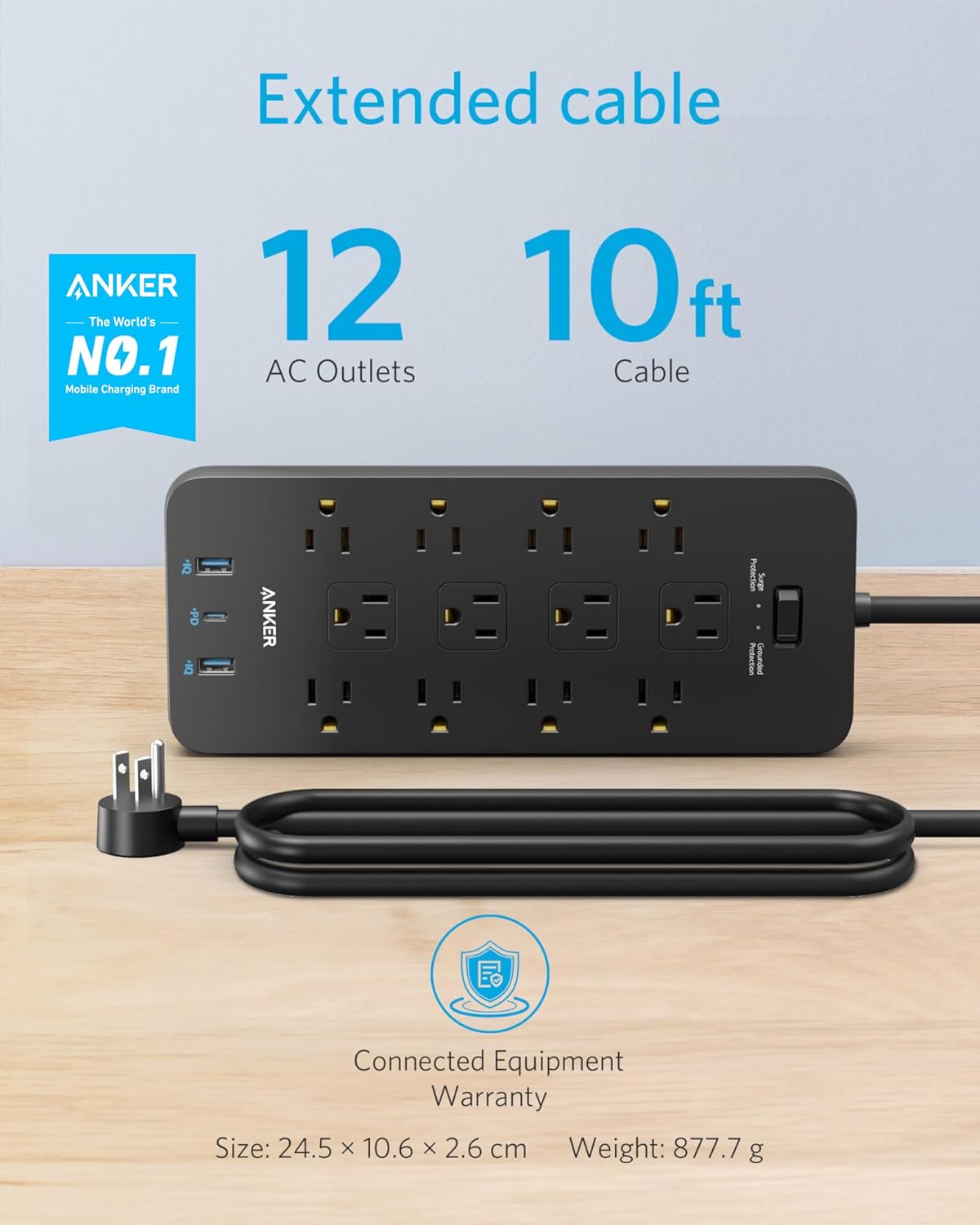 Anker Power Strip with 3 USB Ports, Surge Protector (2100J-10ft), 12 Outlets, 2 USB-A Ports and 1 USB-C Port, Works with iPhone 16/16 Plus/16 Pro/16 Pro Max, for Home, Office, TUV Listed
