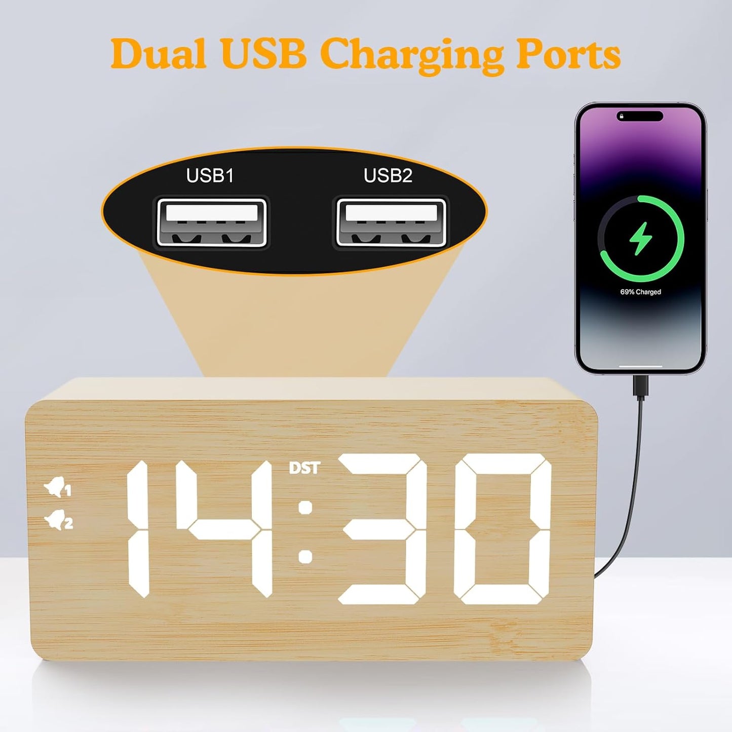 Wood Digital Alarm Clock with 10W Fast Wireless Charger, USB Charging Ports, DST, Dimmable, Snooze, Large Number LED Display for Bedrooms, Desk, Living Room Table, Bedside, Nightstand (Bamboo)