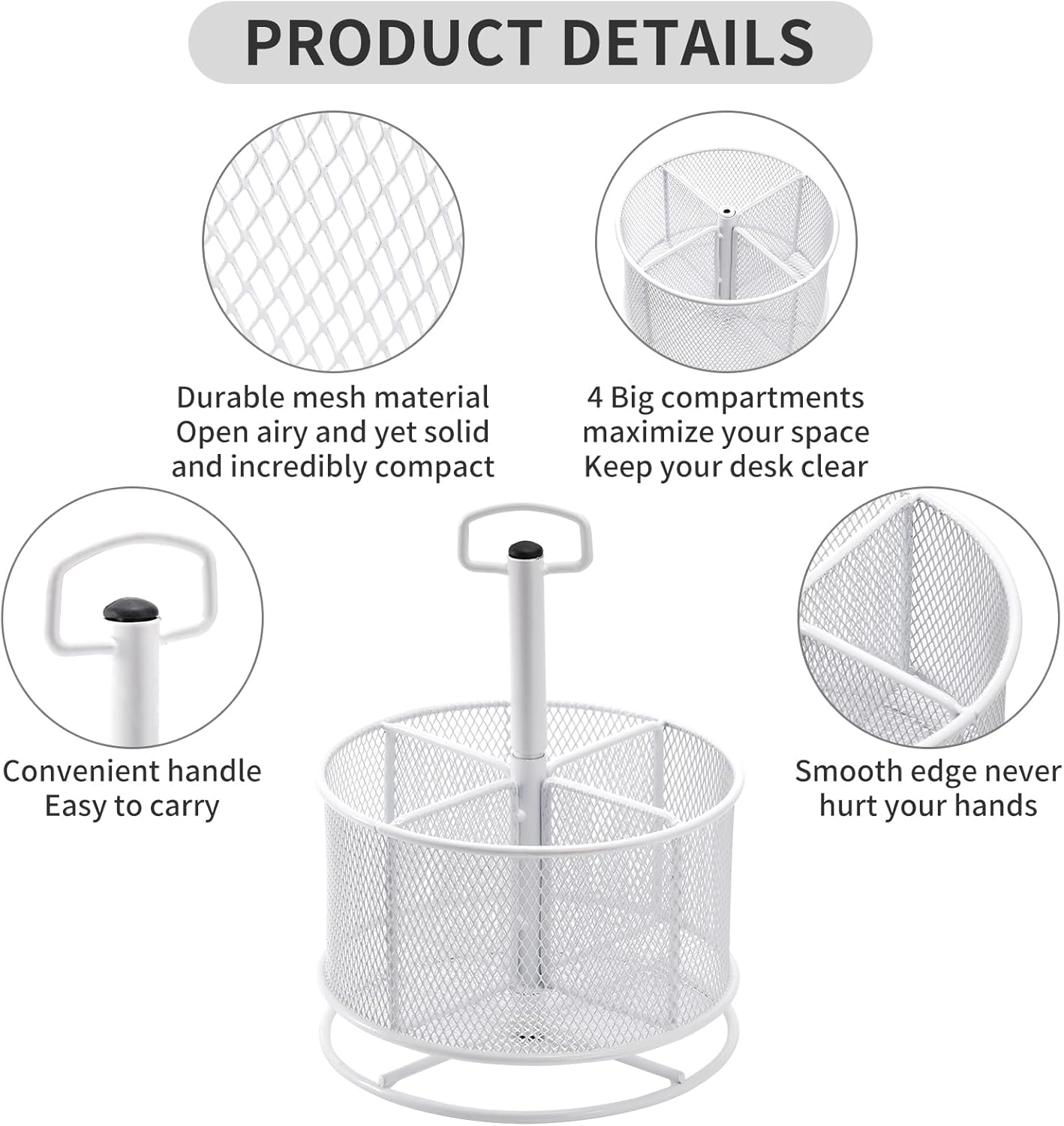 Marbrasse Mesh Desk Organizer, 360-Degree Rotating Multi-Functional Pen Holder, 4 Compartments Desktop Stationary Organizer, Home Office Art Supply Storage Box Caddy (White)